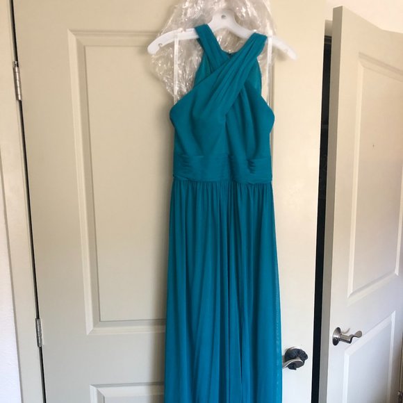 Unaltered David's Bridal High-Neck Mesh Crisscross Bridesmaid Dress Oasis - Picture 2 of 8